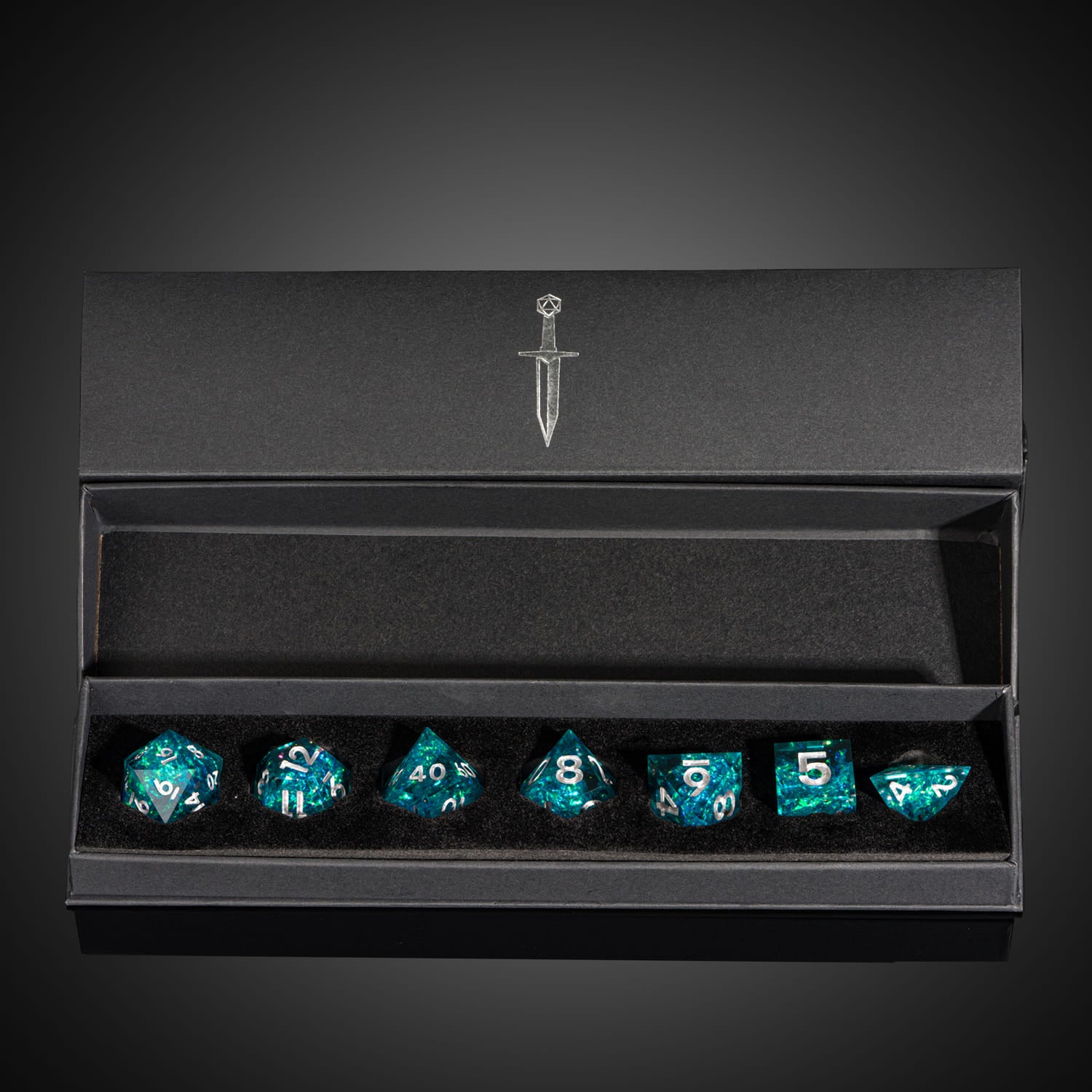 Icy Shard dice set in black gift box for DnD and RPG, teal resin dice with silver numbers