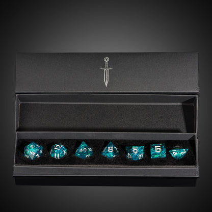 Icy Shard dice set in black gift box for DnD and RPG, teal resin dice with silver numbers