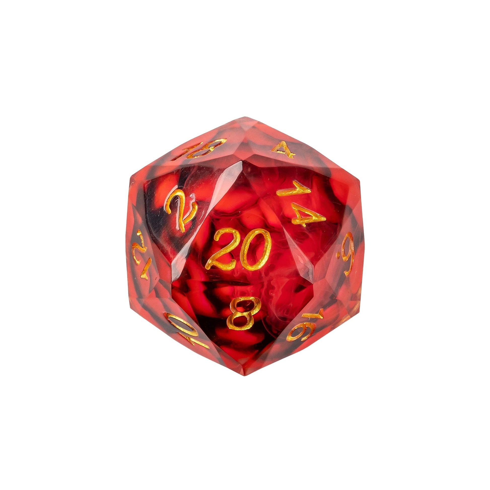 Infernal Lotus Sharp Edge Dice Set D20 featuring a crimson lotus flower suspended in translucent red resin