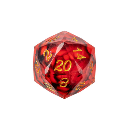 Infernal Lotus Sharp Edge Dice Set D20 featuring a crimson lotus flower suspended in translucent red resin