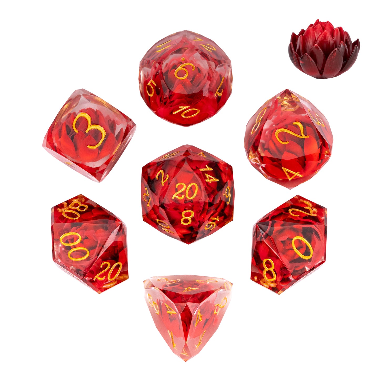 Infernal Lotus Sharp Edge Dice Set with crimson lotus flower inclusions, translucent red resin, and gold numbering