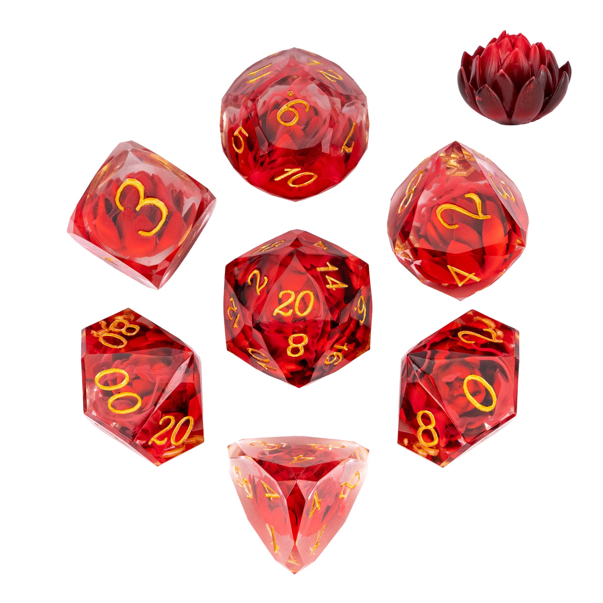 Infernal Lotus Sharp Edge Dice Set with crimson lotus flower inclusions, translucent red resin, and gold numbering