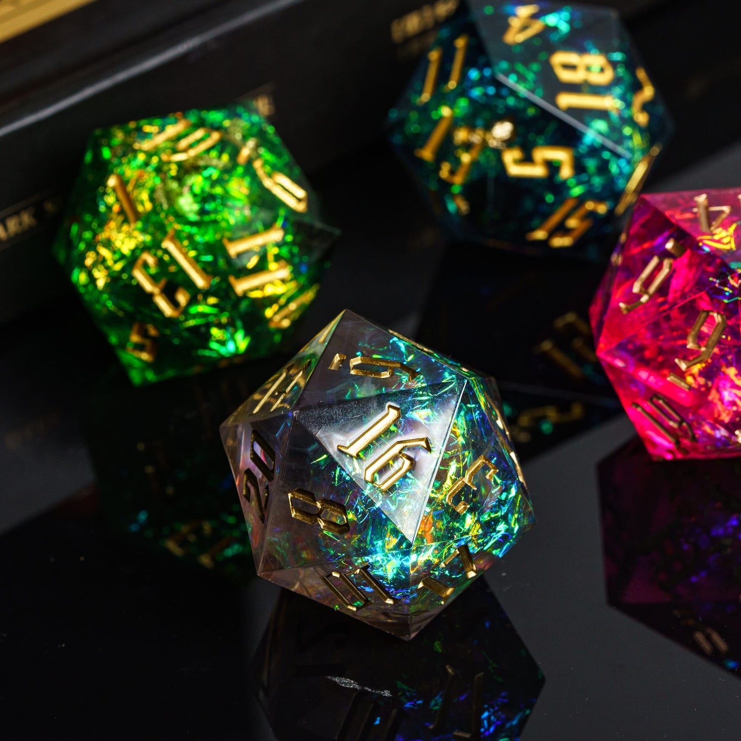 Closeup of iridescent sharp edge D20 dice with gold numbering for DnD