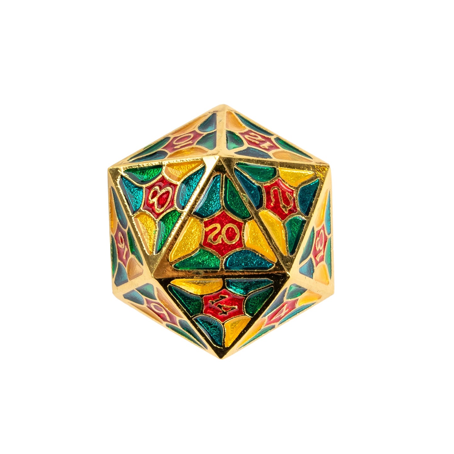 Close up of Jester Chroma metal D20 featuring gold metal detailing and multicolor stained glass inspired panels