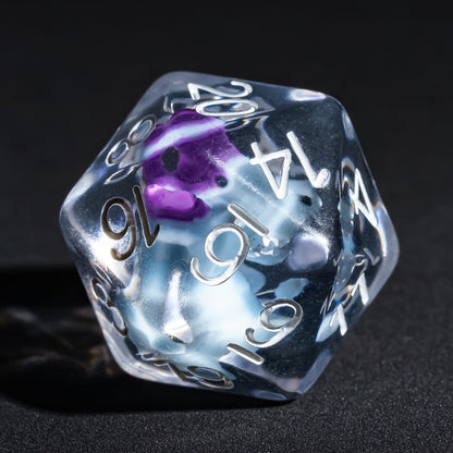 Close up of kobold D20 inside clear resin dice with white numbers
