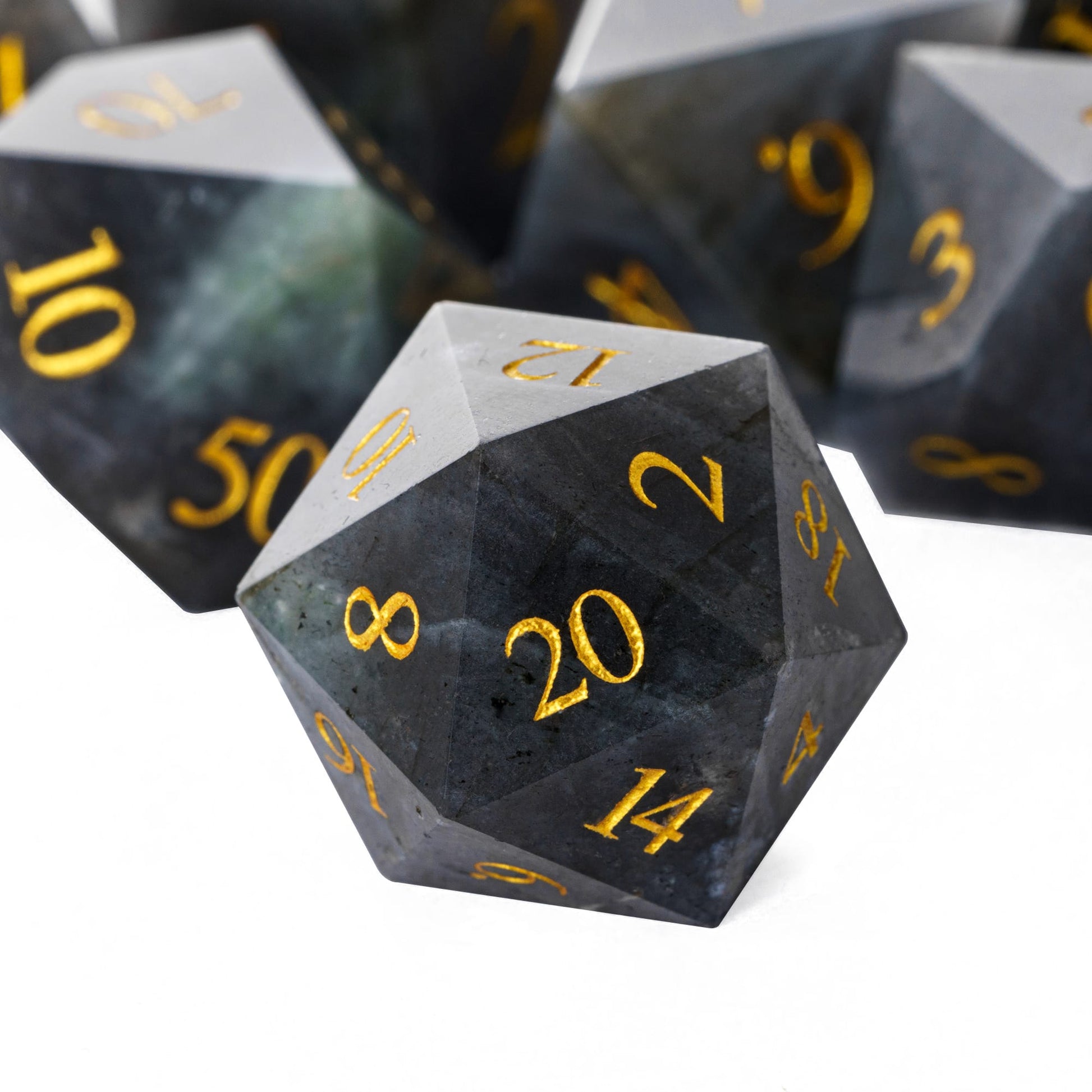 Labradorite Essence stone D20 showcasing labradorite gemstone patterns with blue-gray tones and gold numbering
