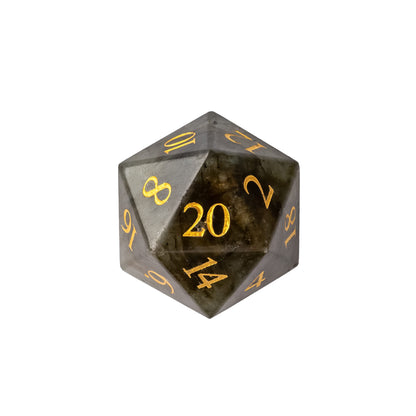 Labradorite Essence stone D20 featuring dark gray natural gemstone with subtle iridescent flashes and gold numbering.