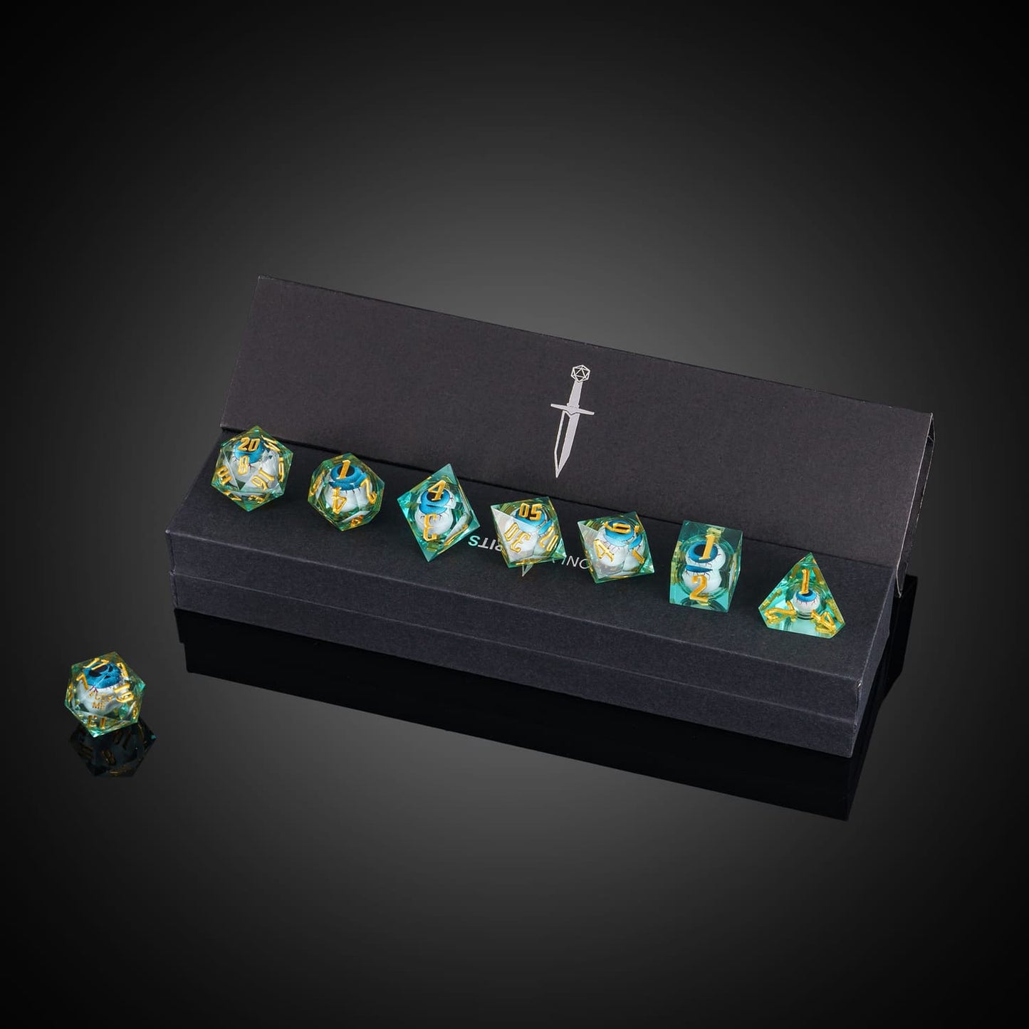 Liquid Core Eye Blue Sharp Edge Dice Set displayed in black Only Crits box for DnD players