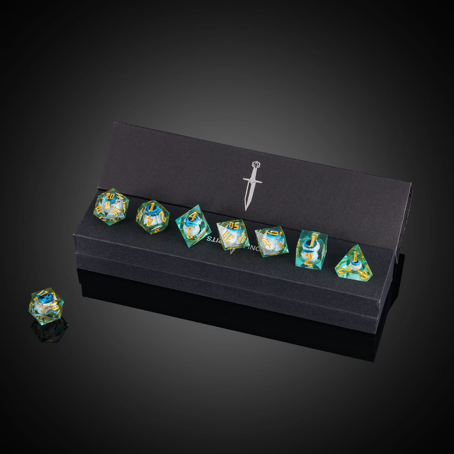 Liquid Core Eye Blue Sharp Edge Dice Set displayed in black Only Crits box for DnD players