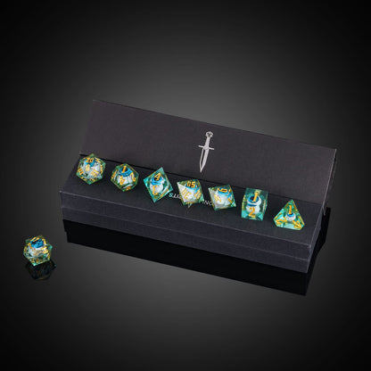Liquid Core Eye Blue Sharp Edge Dice Set displayed in black Only Crits box for DnD players