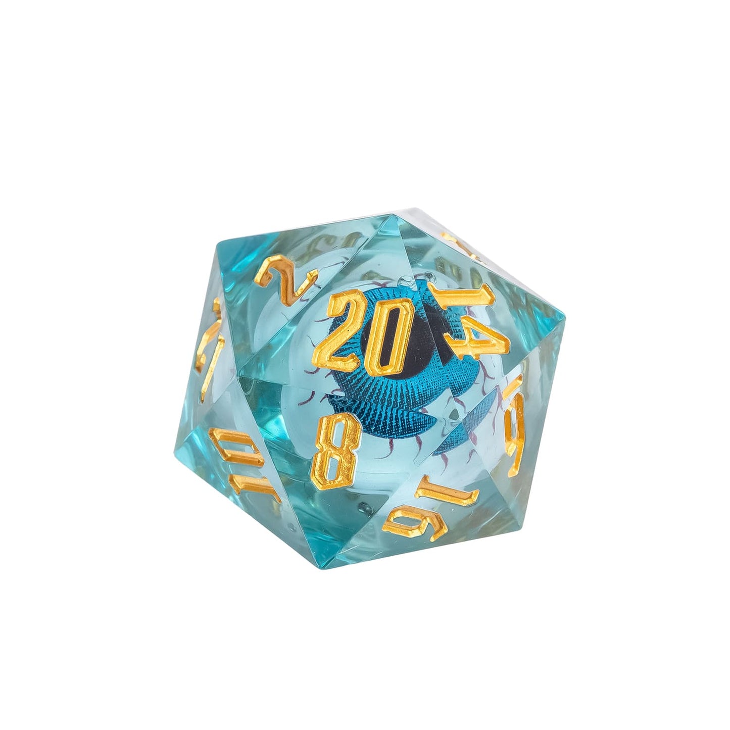Close up of Liquid Core Eye Blue Sharp Edge D20 featuring suspended blue iris liquid core and metallic gold numbers