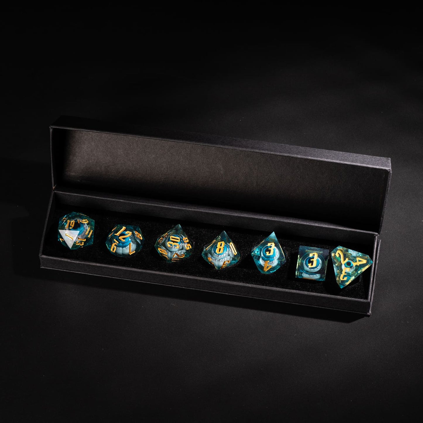 Liquid Core Eye Blue Sharp Edge Dice Set in premium black storage box 7 piece resin dice for DnD