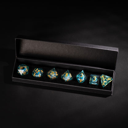 Liquid Core Eye Blue Sharp Edge Dice Set in premium black storage box 7 piece resin dice for DnD