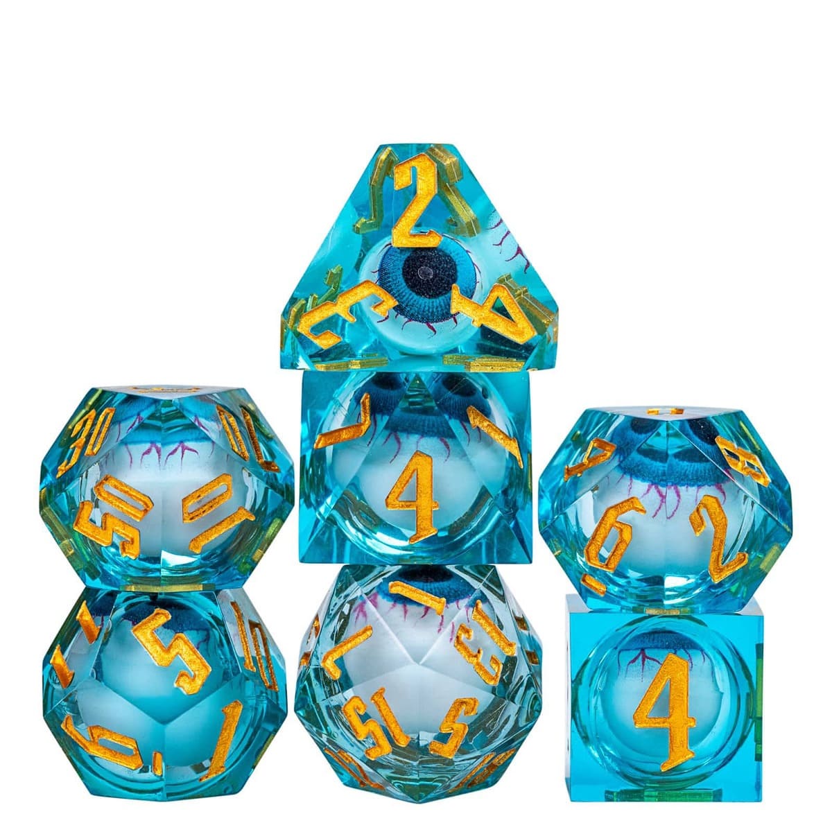 Stacked display of Liquid Core Eye Blue Sharp Edge Dice Set 7 piece resin dice collection for DnD and DnD 5e