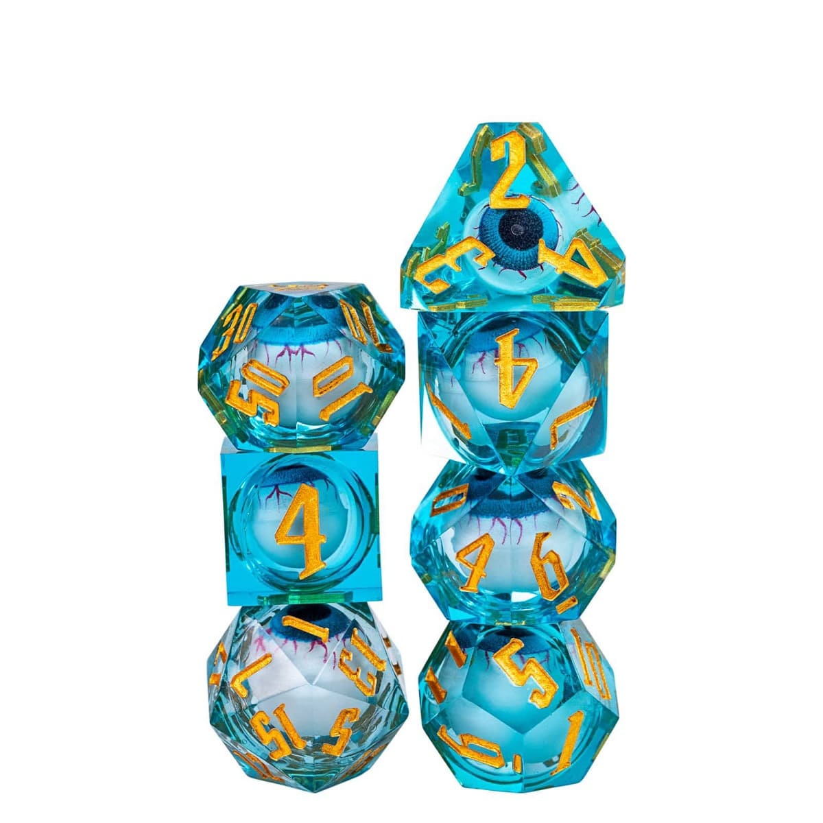 Vertical stack of Liquid Core Eye Blue Sharp Edge Dice Set 7 piece translucent aqua resin dice for DnD