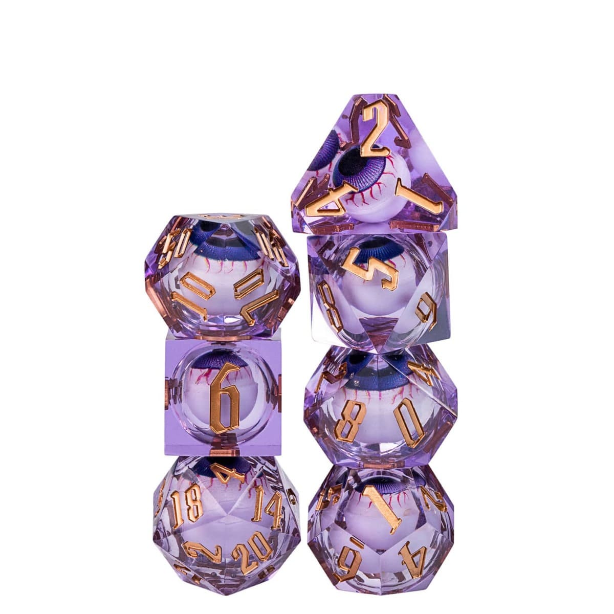 Vertical stack of Liquid Core Eye Purple Sharp Edge Dice Set 7 piece resin dice with metallic gold numbers for DnD 5e