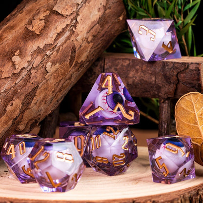 Purple Liquid Core Eyeball Dice Set, 7 piece sharp edge resin dice for DnD & DnD 5e