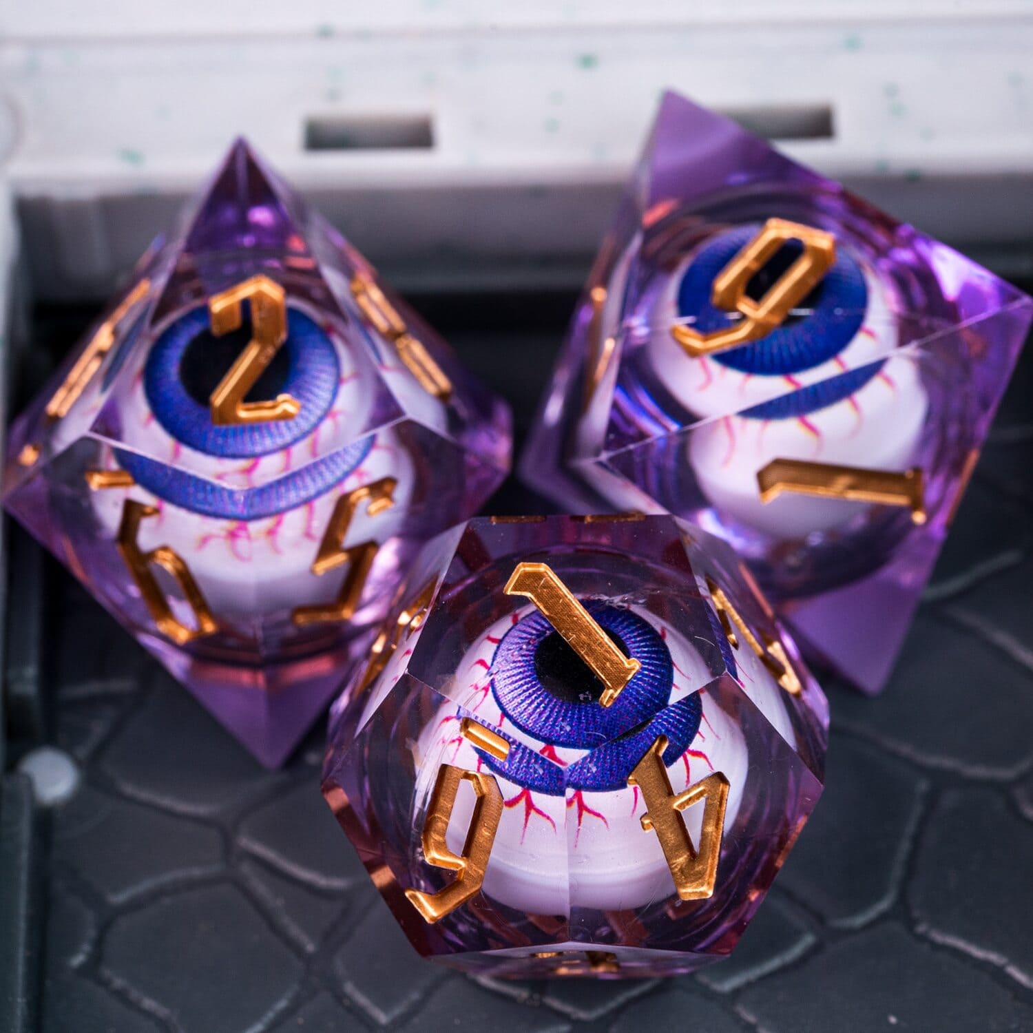 Purple Liquid Core Eyeball Dice Set with blue eyeball core, sharp edge dice for DnD & DnD 5e