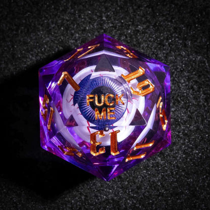 Close up of purple Liquid Core Eyeball D20 with gold numbers and Fuck Me face for tabletop RPGs