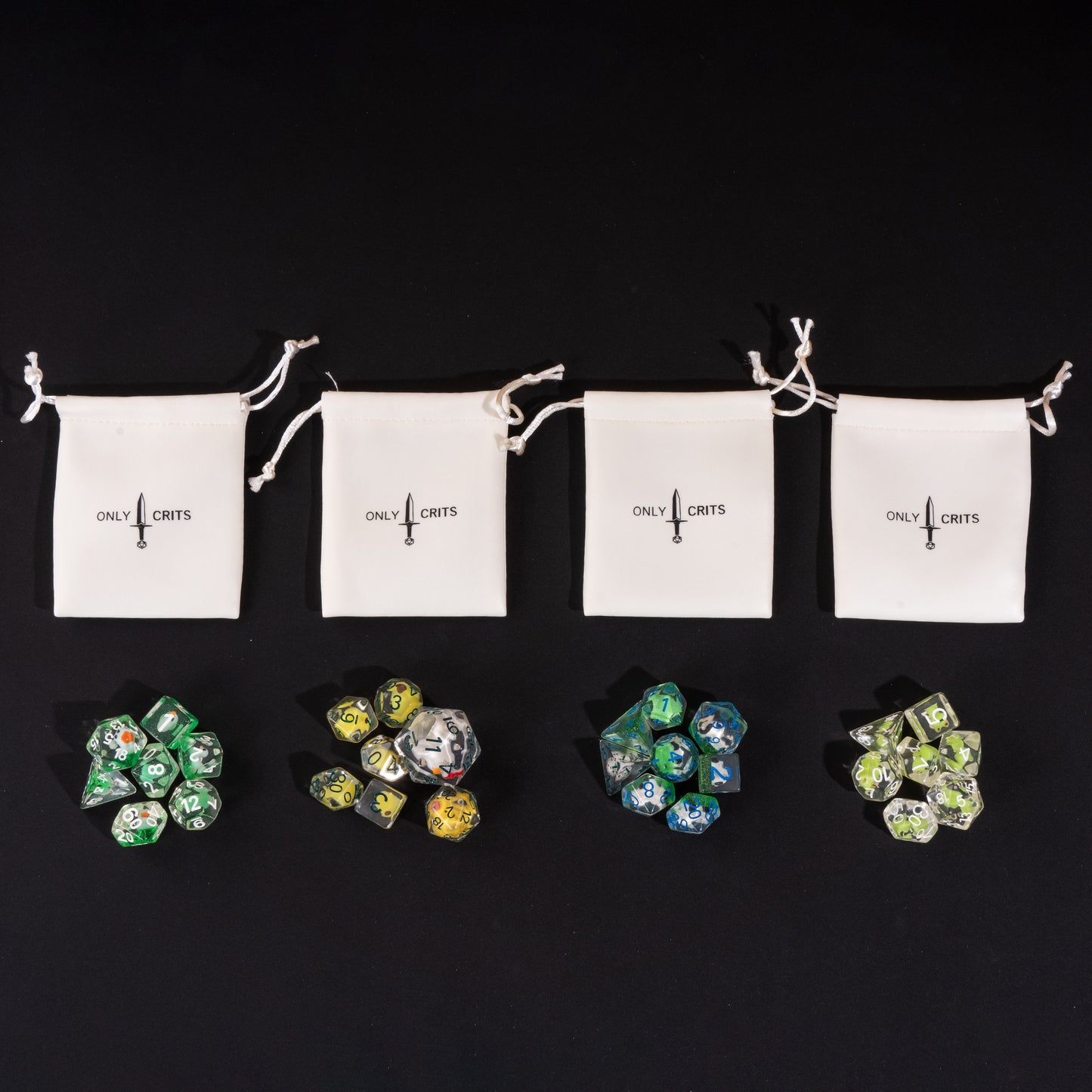 Little Friends Dice Bundle with four Only Crits drawstring dice bags, each paired with a colorful polyhedral dice set.