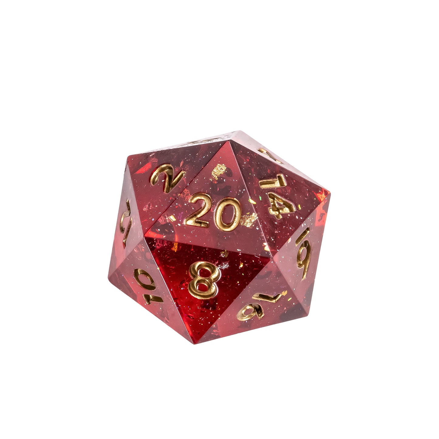 Magma Flake sharp edge D20 with deep red resin, gold numbers, and shimmering foil flakes