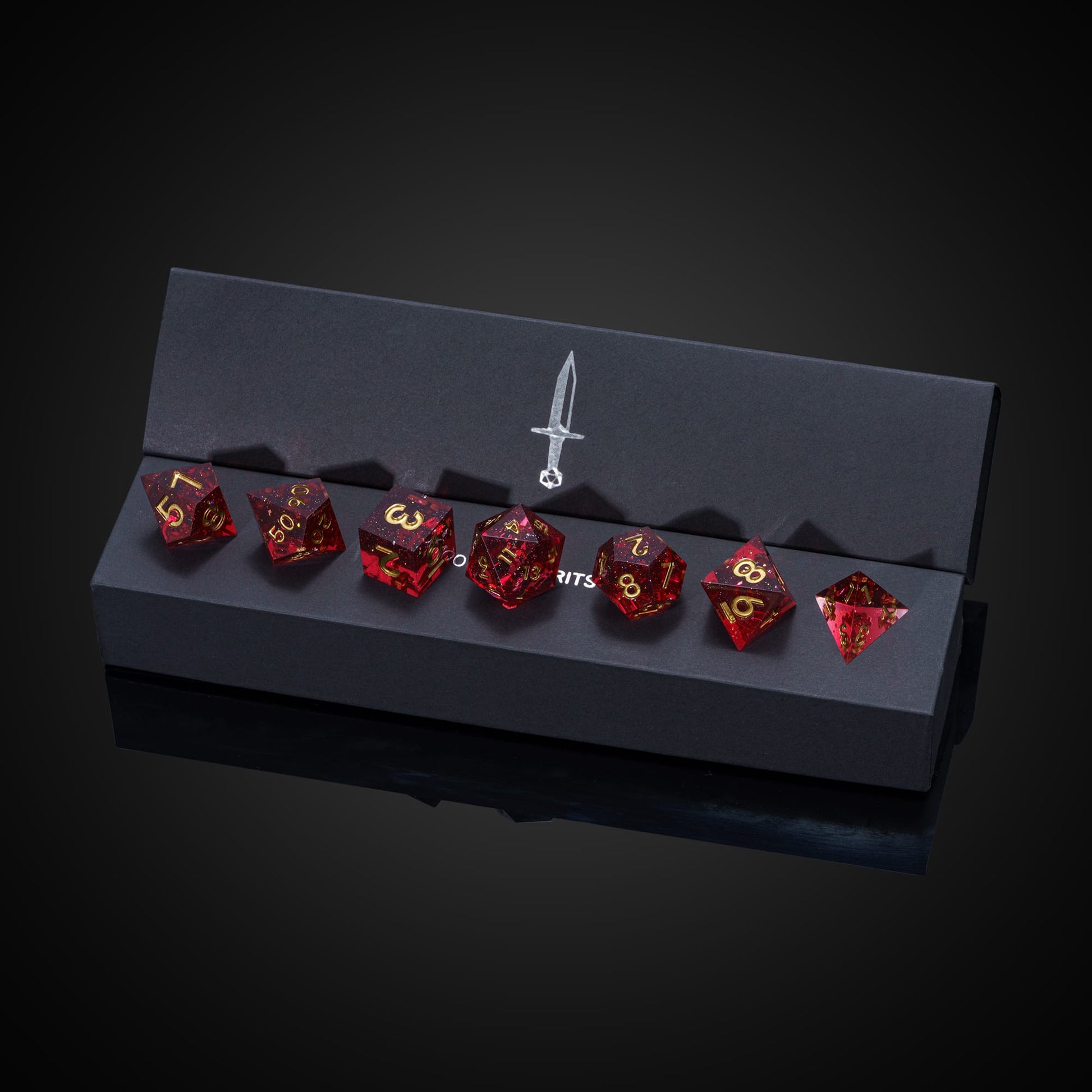 Magma Flake Sharp Edge Dice Set, 7 piece red dice with gold numbering in display box for DnD
