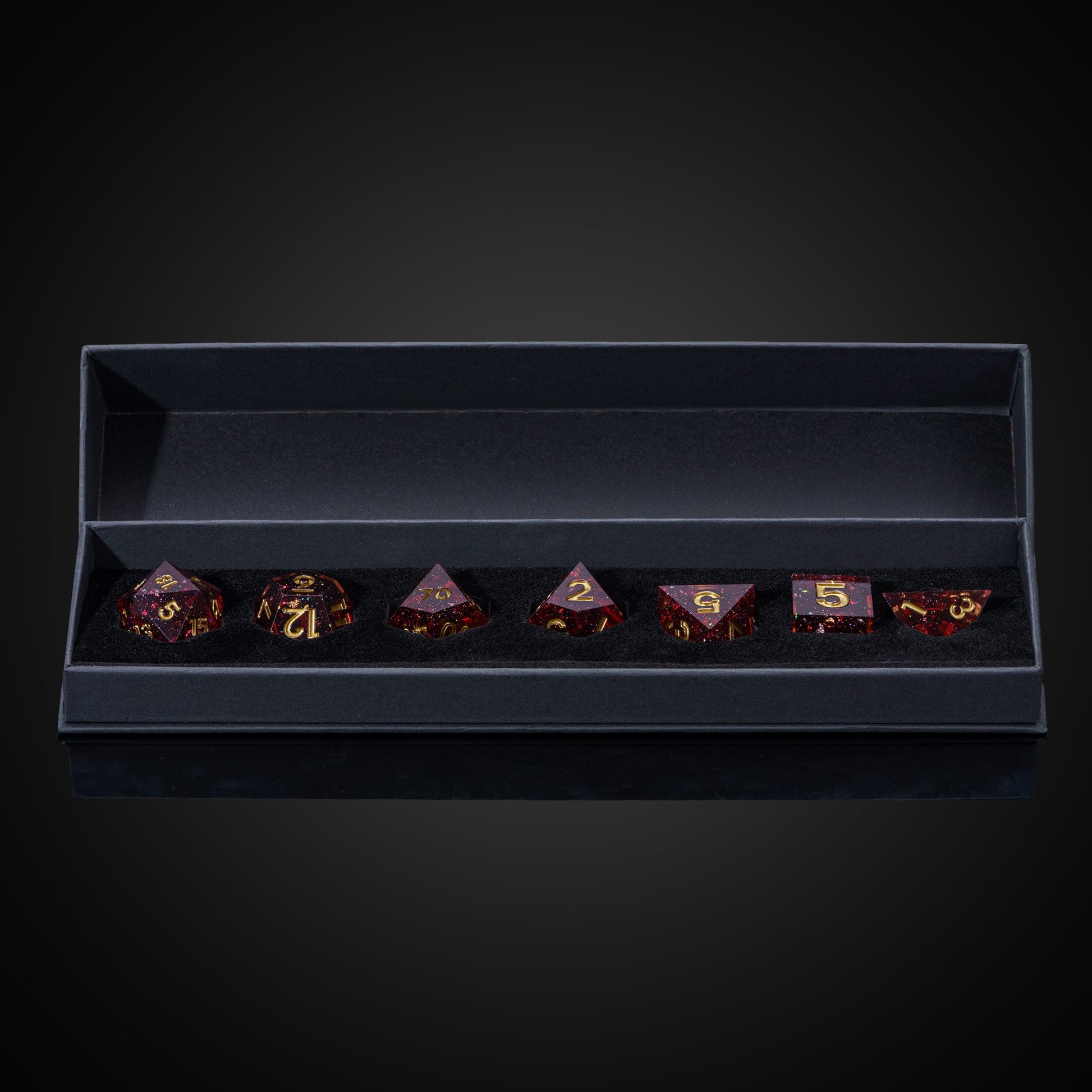 Magma Flake Sharp Edge Dice Set, 7 piece red resin dice with gold numbering in foam case for DnD