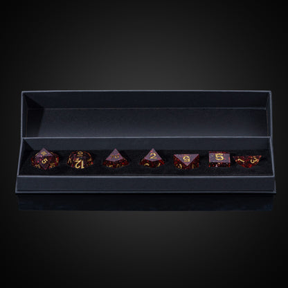 Magma Flake Sharp Edge Dice Set, 7 piece red resin dice with gold numbering in foam case for DnD