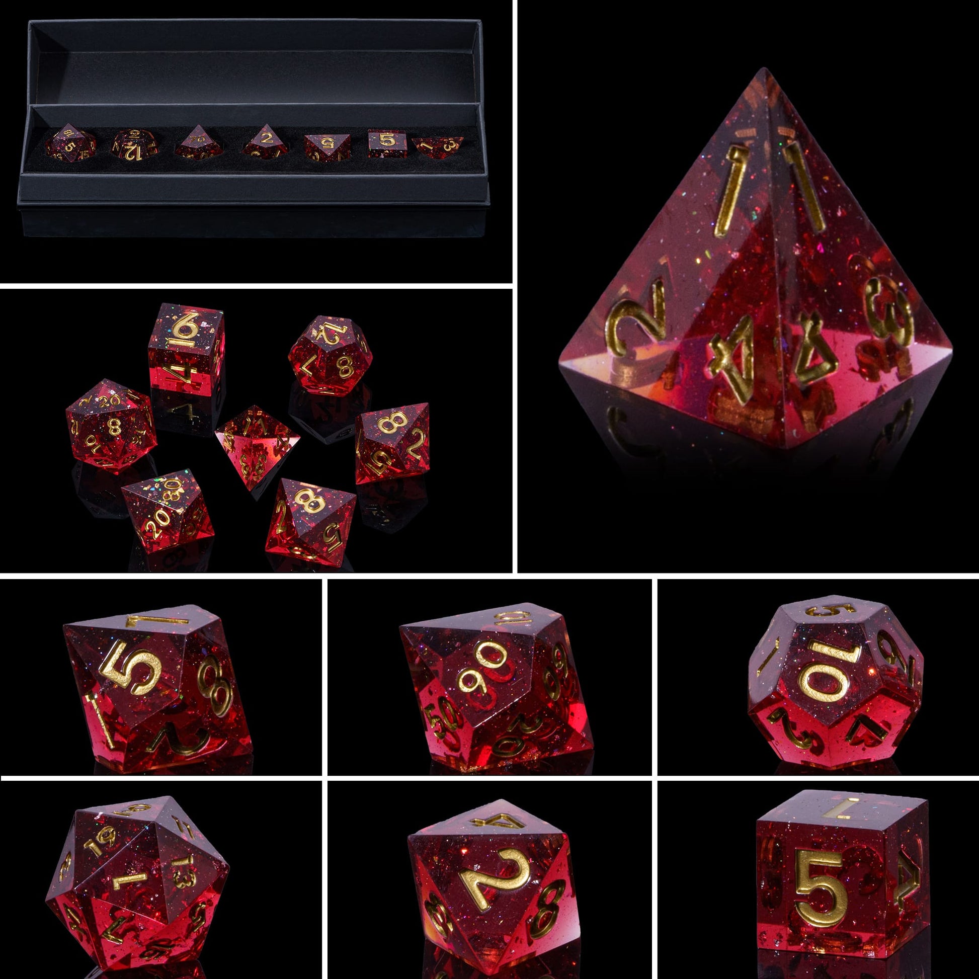 Magma Flake Sharp Edge Dice Set, red resin with gold numbering, close-up collage for DnD & DnD 5e