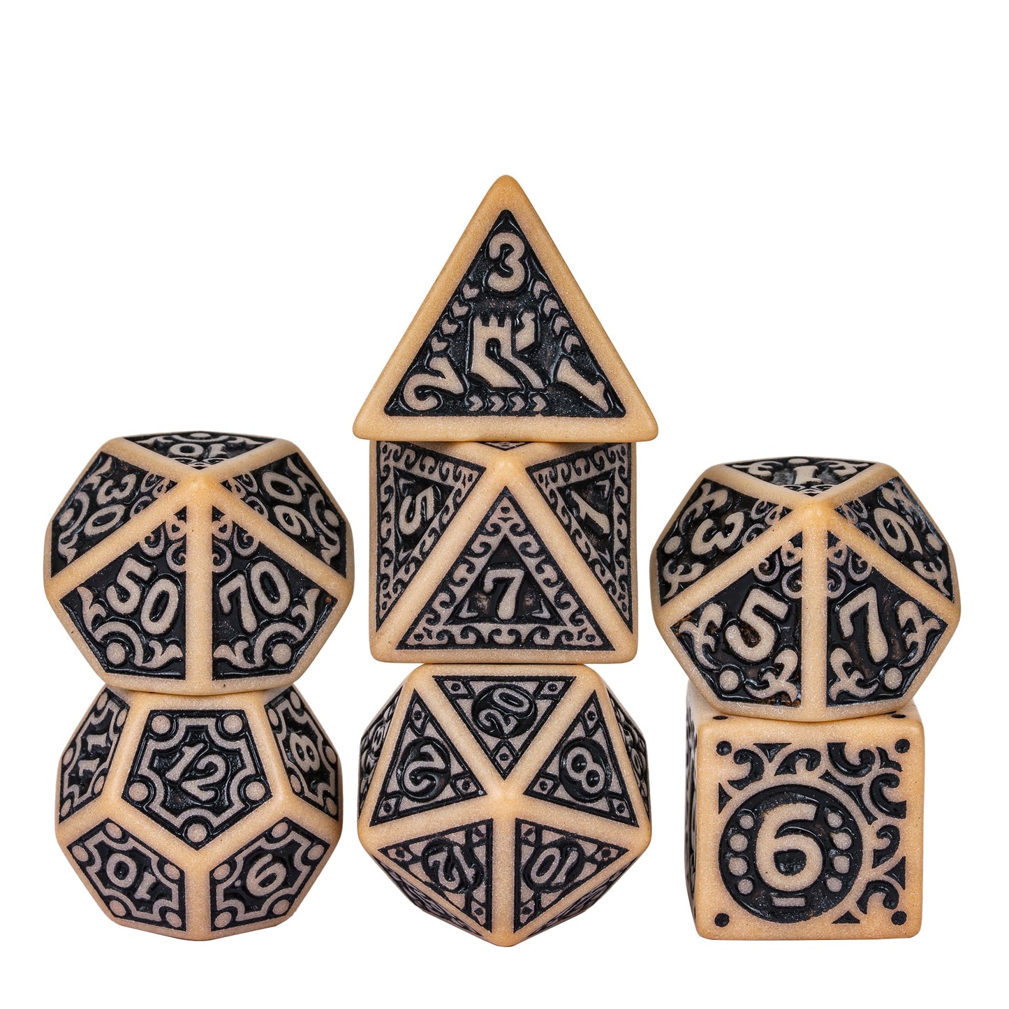 Brown Medieval Majesty Dice Set, 7 piece ornate DND dice with medieval inspired engravings
