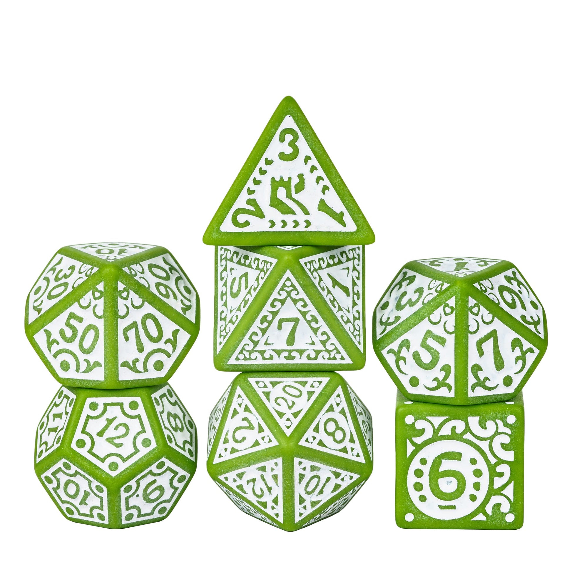 Close-up of green Medieval Majesty dice showing intricate medieval style engravings