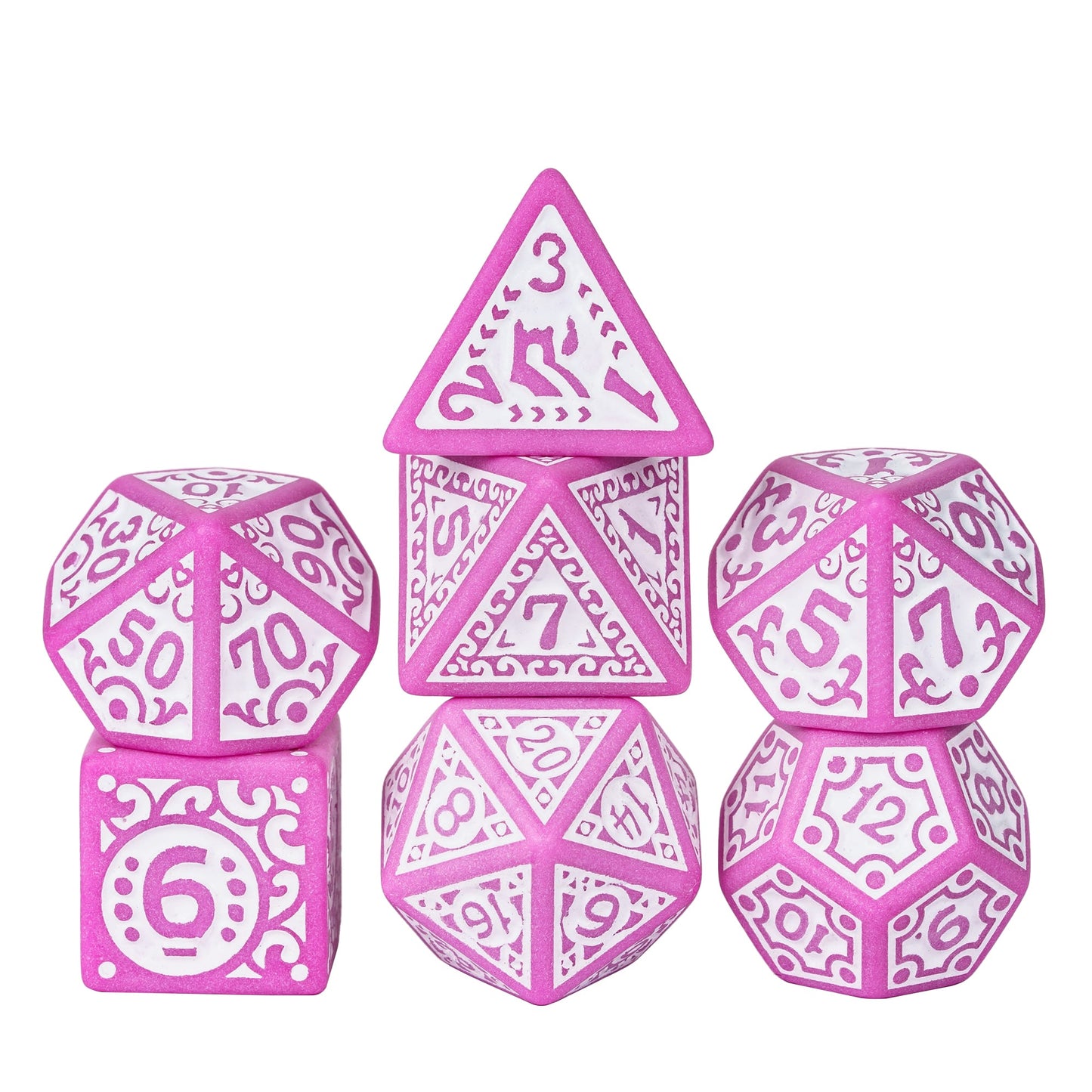 Pink Medieval Majesty Dice Set, 7 piece ornate DND dice with medieval inspired engravings