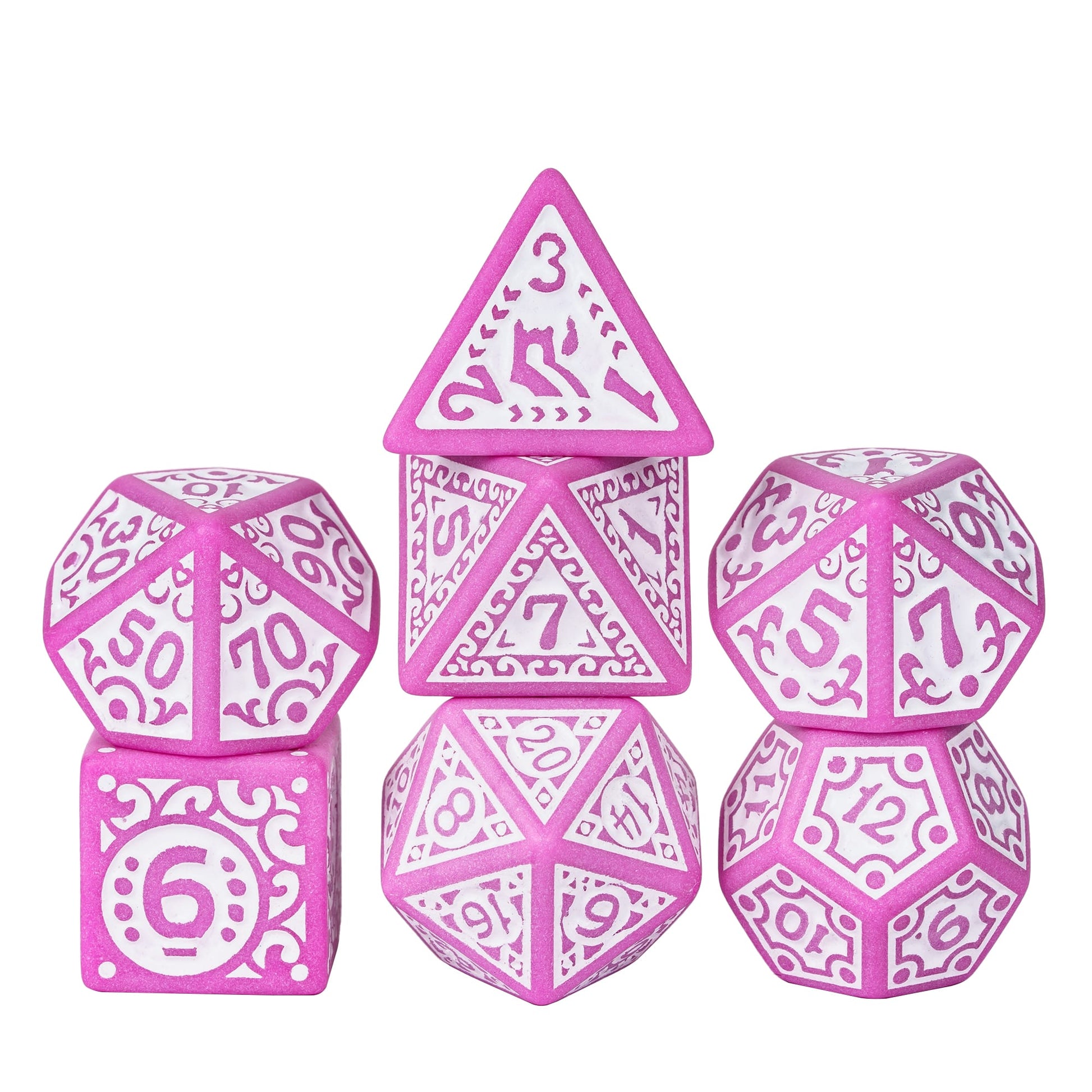 Pink Medieval Majesty Dice Set, 7 piece ornate DND dice with medieval inspired engravings