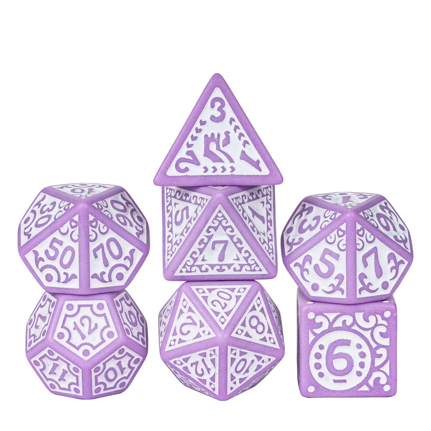 Purple Medieval Majesty Dice Set, 7 piece ornate DND dice with medieval inspired engravings