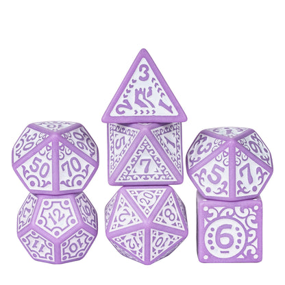 Purple Medieval Majesty Dice Set, 7 piece ornate DND dice with medieval inspired engravings