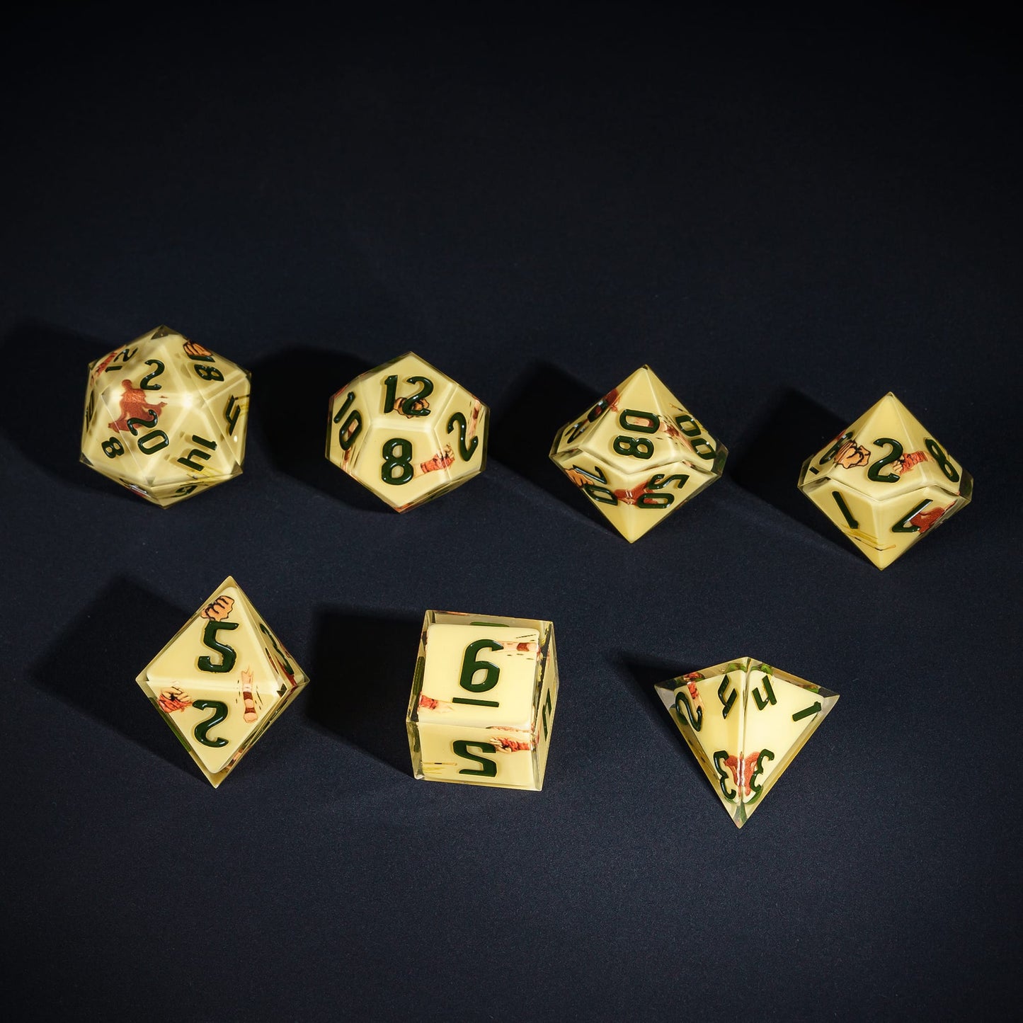 Yellow Monk Dice Set, 7 piece pastel polyhedral dice for tabletop roleplaying games
