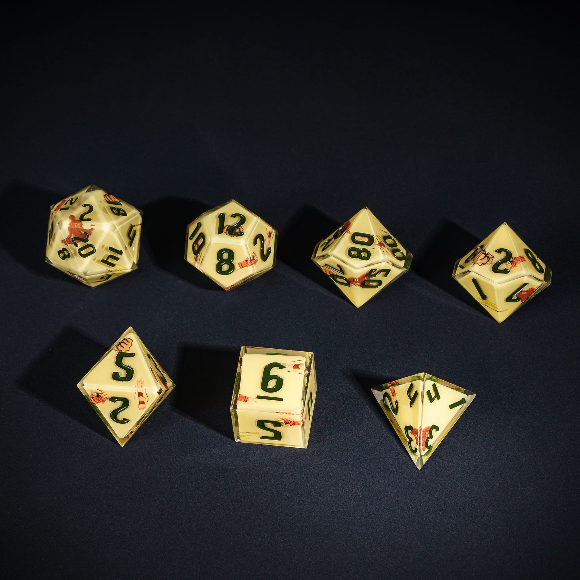 Yellow Monk Dice Set, 7 piece pastel polyhedral dice for tabletop roleplaying games