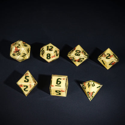 Yellow Monk Dice Set, 7 piece pastel polyhedral dice for tabletop roleplaying games