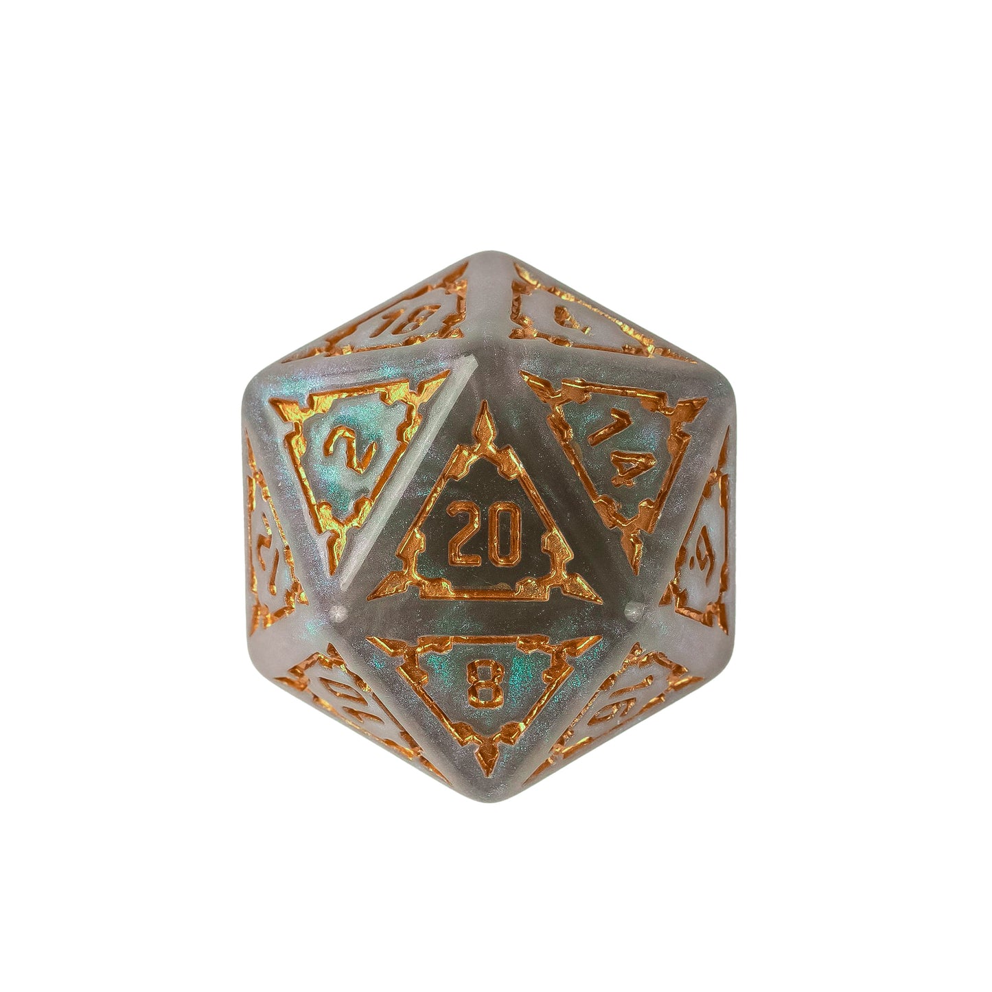 Close up of Moonlight Elixir Chonk D20 showcasing shimmering teal accents and metallic copper numbering