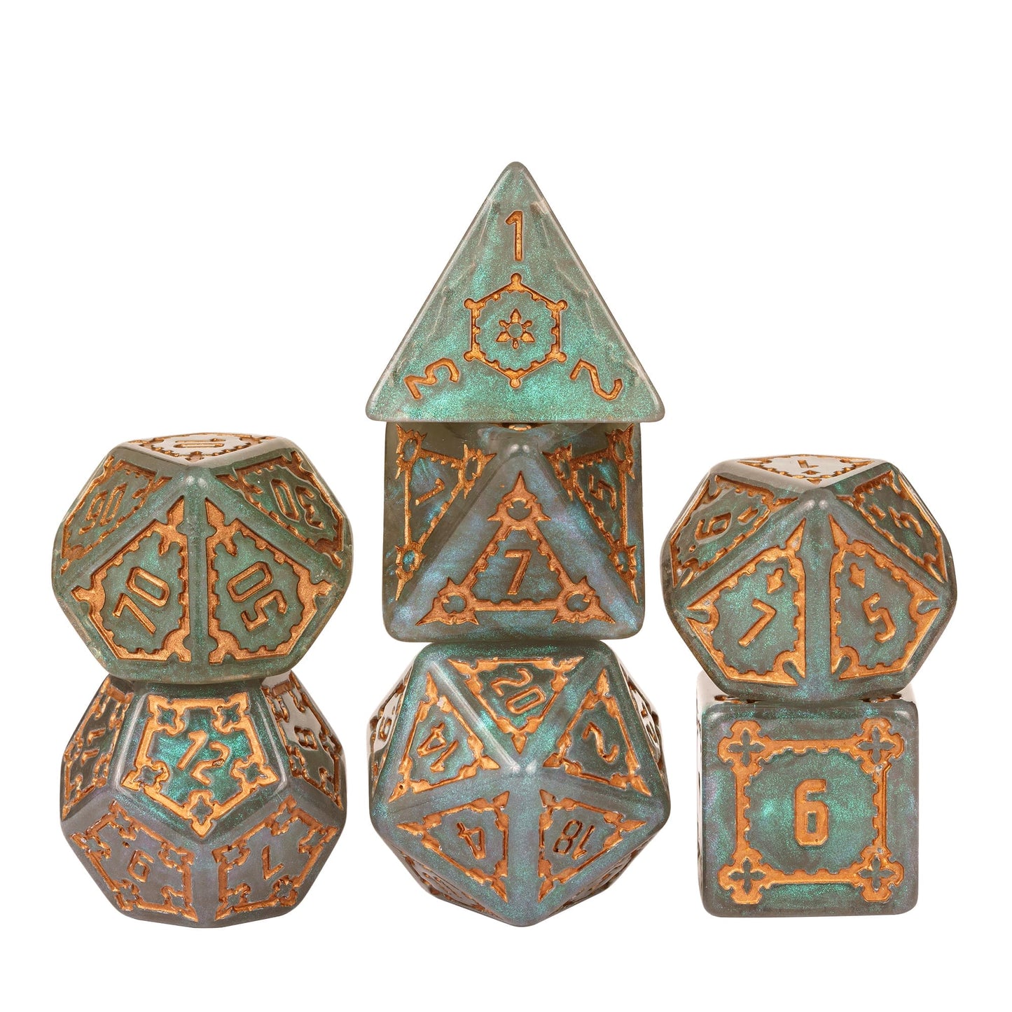 Moonlight Elixir Chonk Dice Set with oversized pearlescent grey and teal dice featuring metallic copper numbering