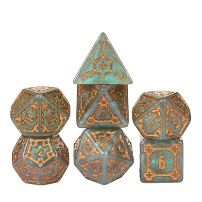 Moonlight Elixir Chonk Dice Set with oversized pearlescent grey and teal dice featuring metallic copper numbering