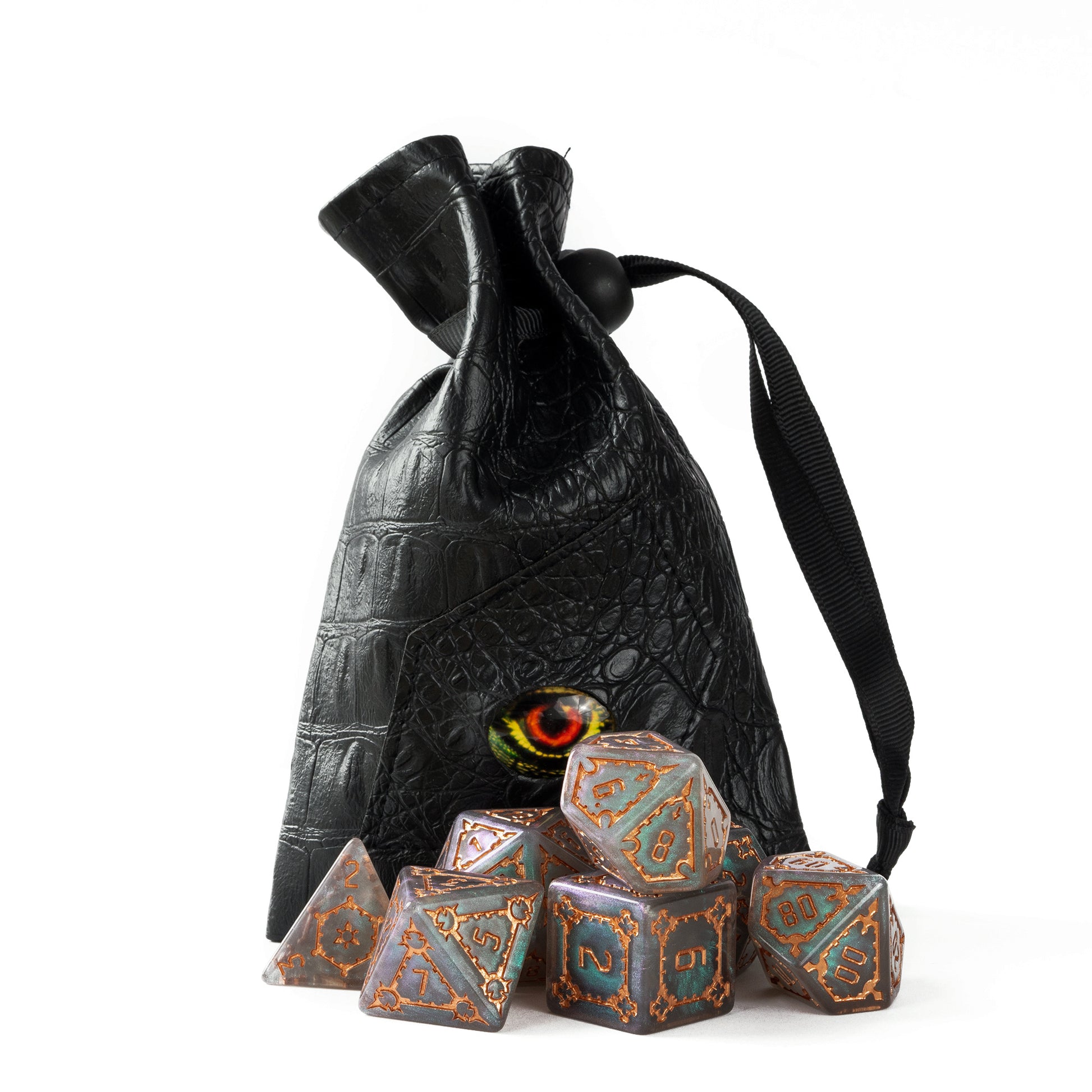 Moonlight Elixir Chonk Dice Set displayed with black Dragon Eye Dice Bag and matching oversized polyhedral dice