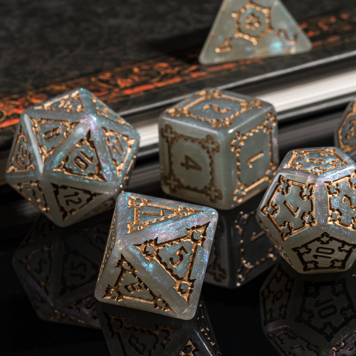 Moonlight Elixir Chonk Dice Set arranged on a fantasy gaming surface with pearlescent shimmer and copper numbering