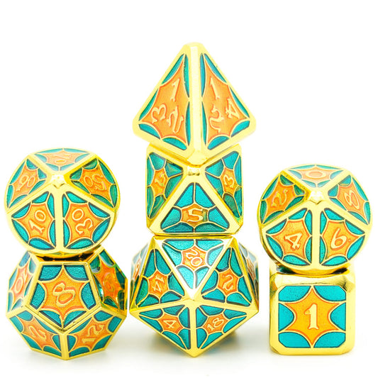 tacked display of Mossy Avocado dice with glowing gold, teal, and orange finish
