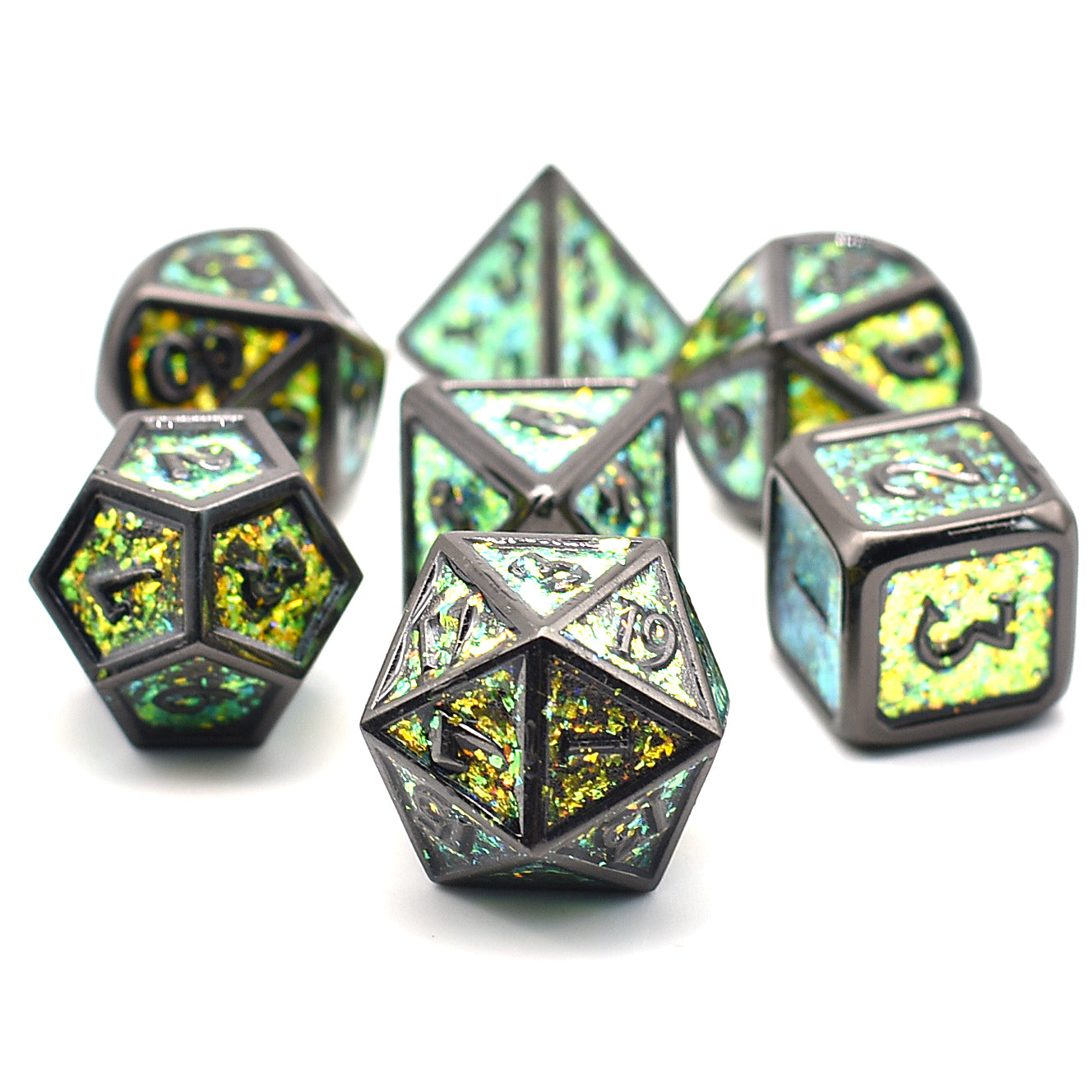 Close-up layout of Mossy Shimmer Metal Dice Set with holographic green flakes and dark edges