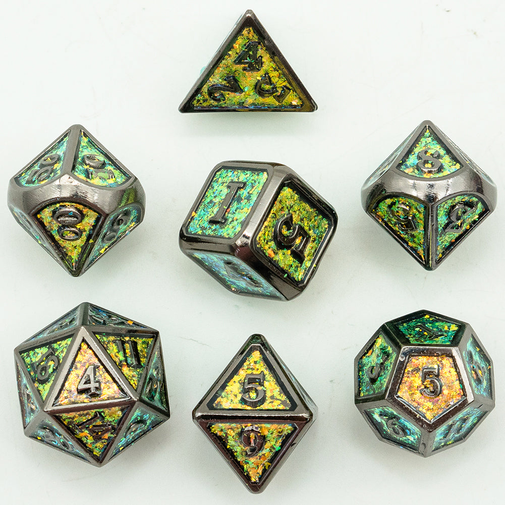Full Mossy Shimmer Metal Dice Set top-down view showing reflective green and gold shimmer