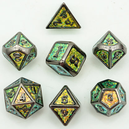 Full Mossy Shimmer Metal Dice Set top-down view showing reflective green and gold shimmer