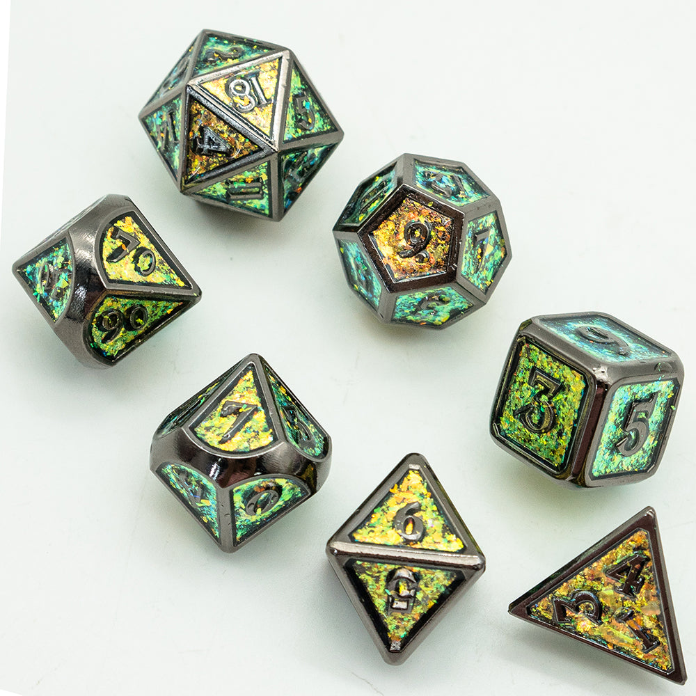 Mossy Shimmer Metal Dice Set featuring black frames and green iridescent inlays on white background