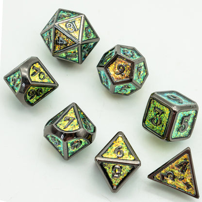 Mossy Shimmer Metal Dice Set featuring black frames and green iridescent inlays on white background