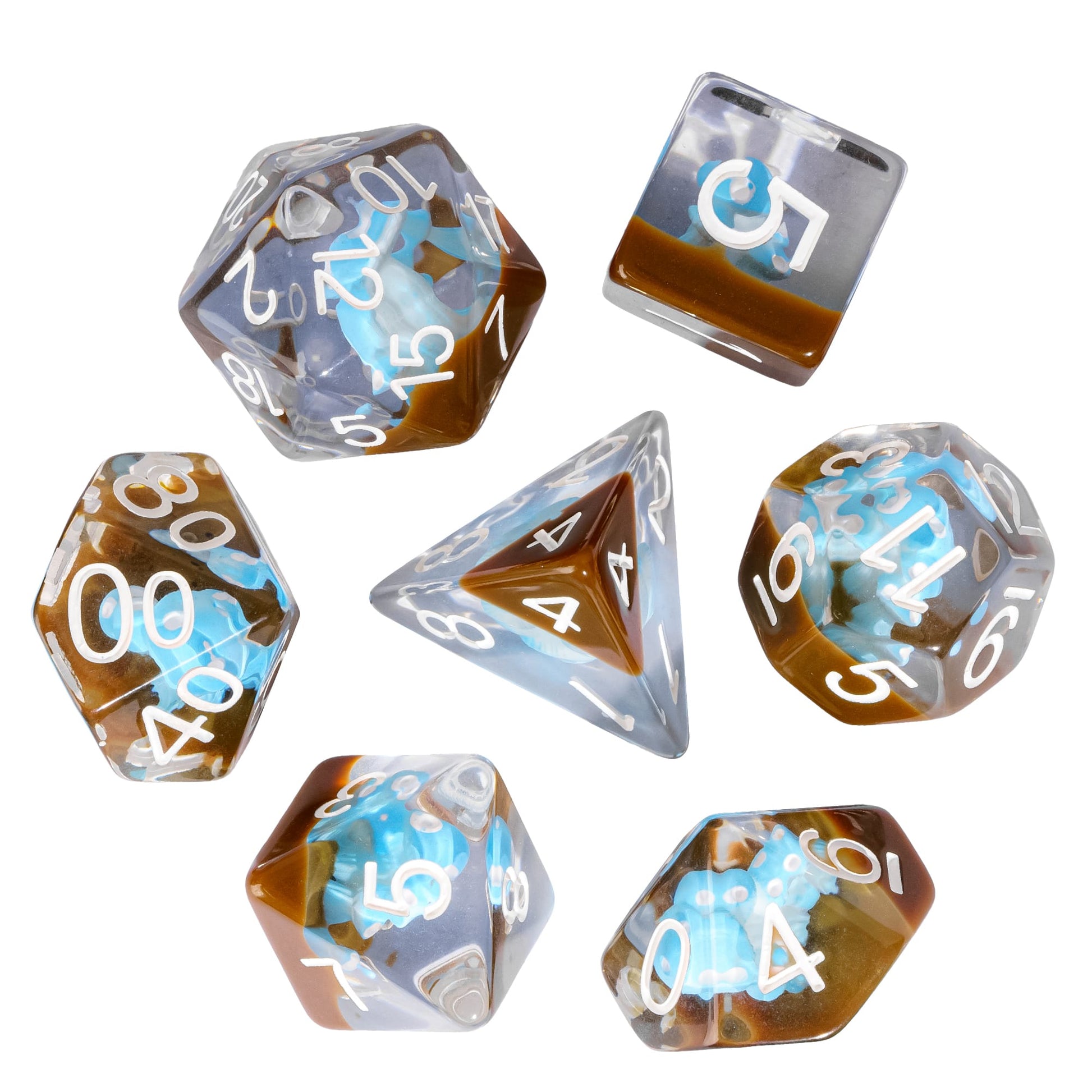Brown and blue mushroom dice set for DnD and tabletop RPG, transparent resin with miniature mushroom and white numbers